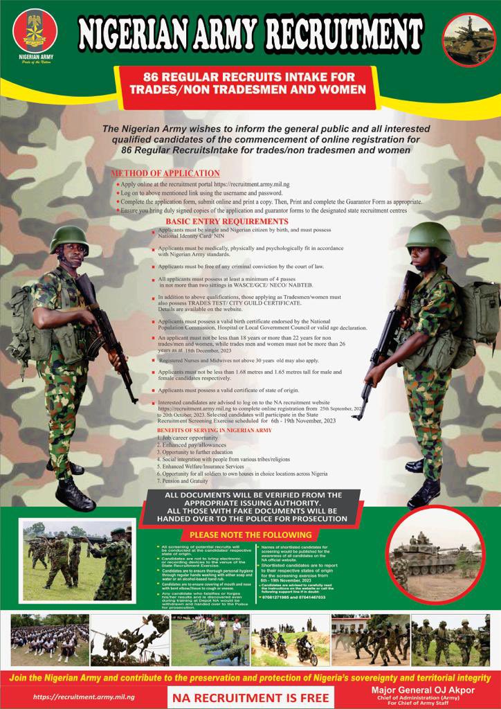 Nigerian Army Commences Online Application for 86RRI Recruitment