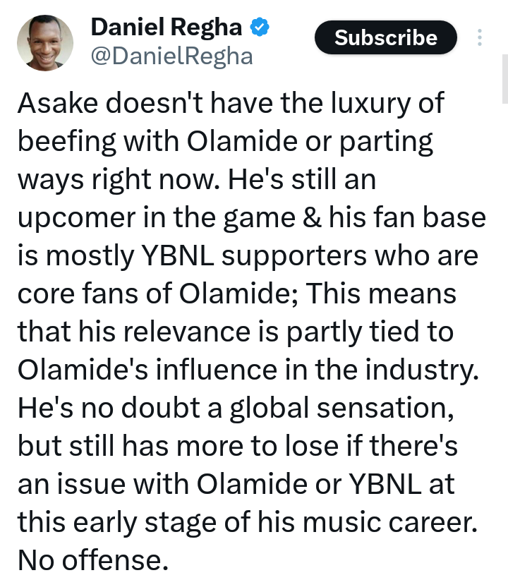 Daniel Regha Warns Asake Against Fighting Olamide, Fans React