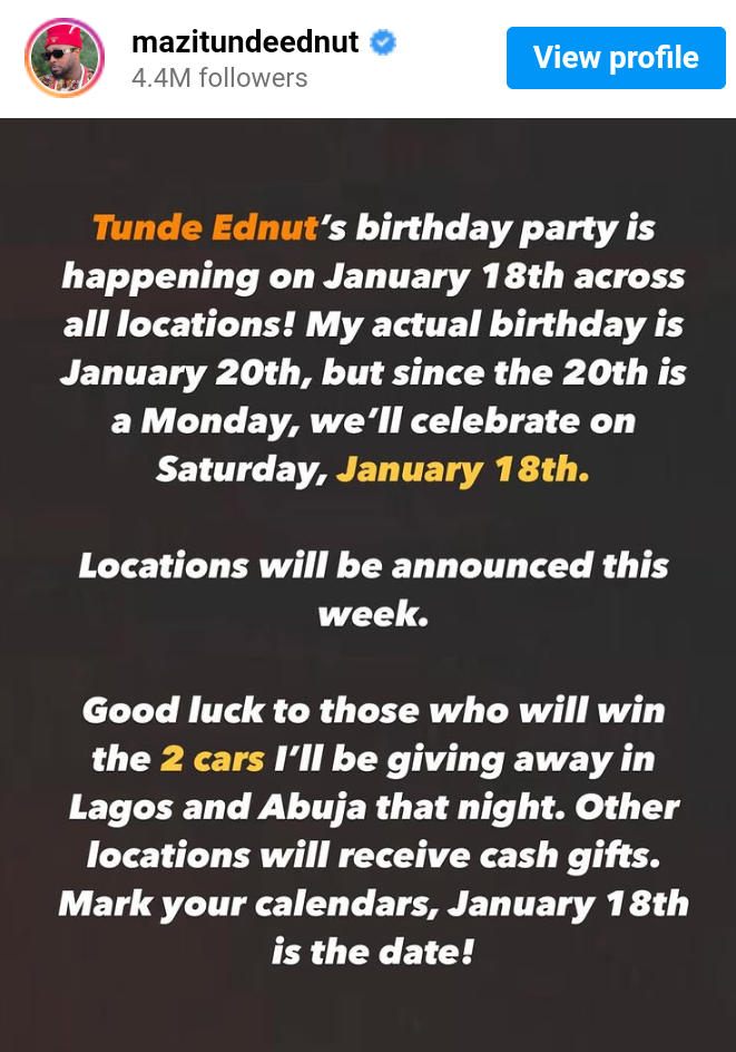Tunde Ednut To Celebrate Birthday Across 8 Locations, Give Out Multimillion Naira Gifts